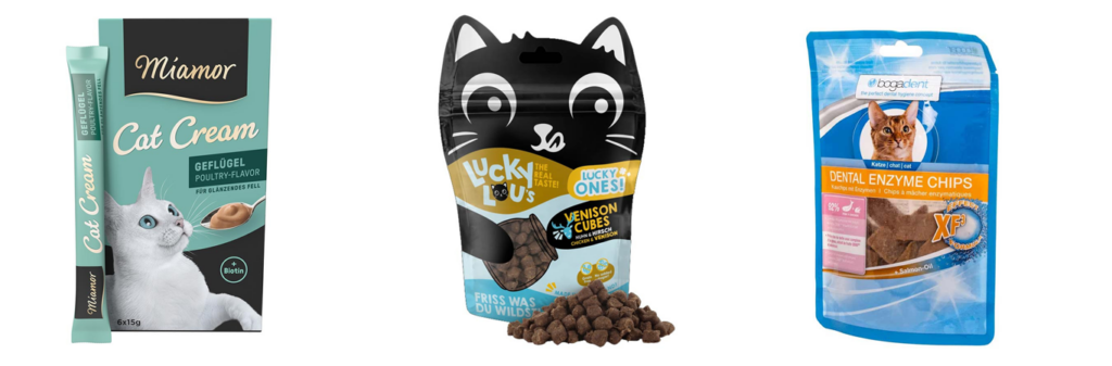 Von links nach rechts: Miamor Cat Cream, Lucky Lou Cubies, bogadent Dental Enzyme Chips für die Erstausstattung deines Stubentigers
