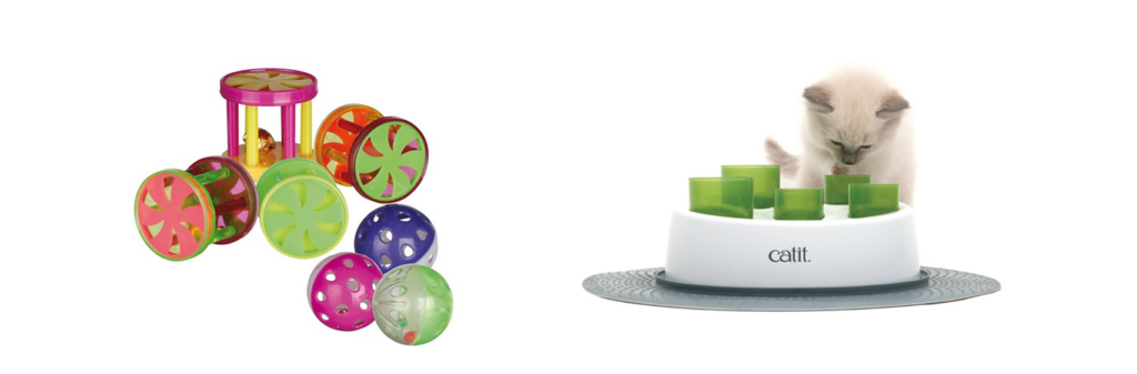 Spielbälle für Katzen und eine Katze die vor einem Intelligenzspielzeug sitzt
