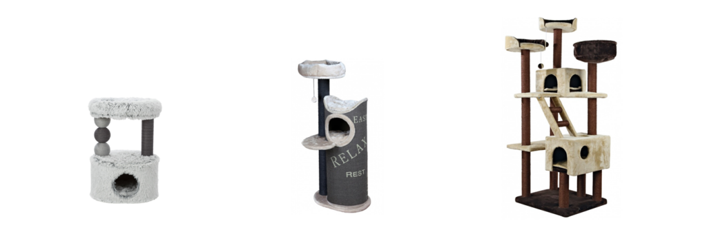 Unterschiedliche Kratzbaummodelle für die Erstausstattung deines Stubentigers, von links nach rechts vom kleinsten zum größten Kratzbaum sortiert